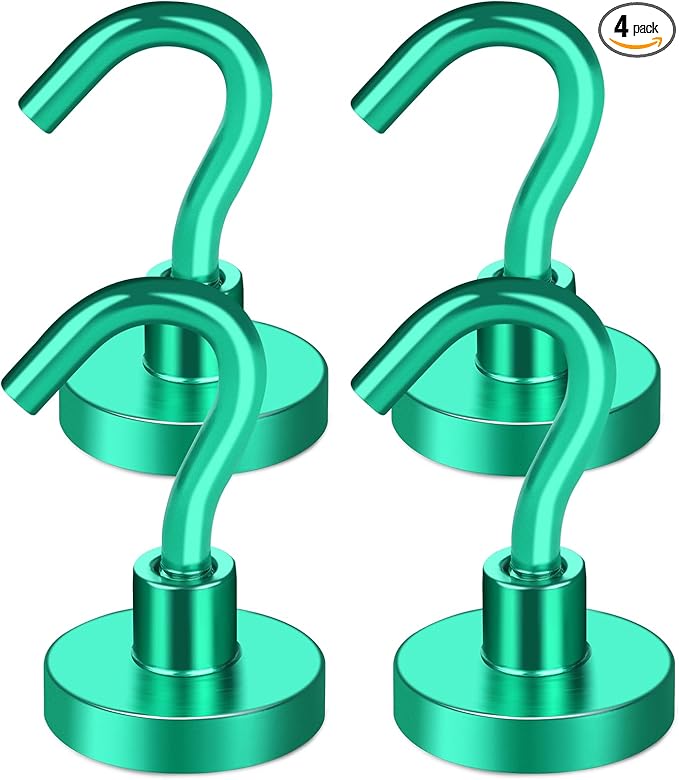 MIKEDE Magnetic Hooks Heavy Duty, 28LB+ Strong Magnets with Hook for Fridge, Neodymium Extra Strength Industrial Hooks for Hanging, Magnetic Hanger for Toolbox, Cruise, Grill(Green,4 Pack)