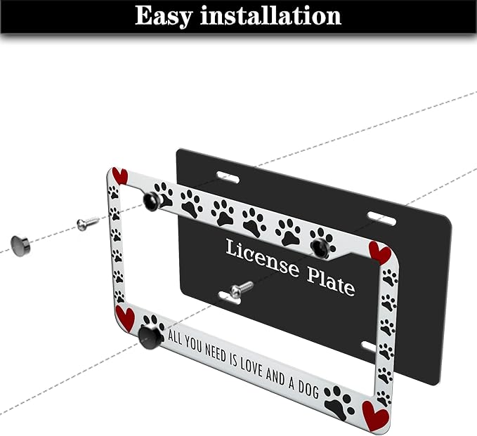 License Plate Frames Black, White, and Red License Plate Frame All You Need is Love and a Dog Universal Aluminum Car Accessory 2 Pack with Screw Covers Set