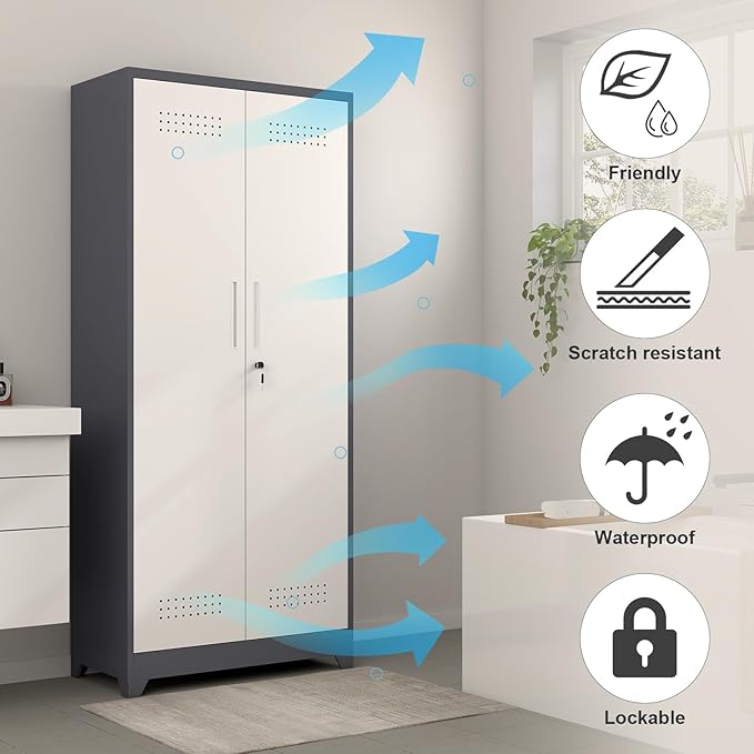 GREATMEET 72.8" H Metal Garage Storage Cabinets with Lock Door and Adjustable Shelves,Grey&White Broom Closet Storage Cabinet for Cleaning Supplies, Utility Closet for Garage, Bathroom,Kitchen,Home