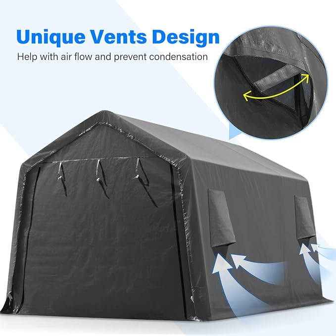 ADVANCE OUTDOOR 10x15 ft Shelter Storage Shed Steel Metal Peak Roof Portable Garage Carport for Motorcycle, Boat or Garden Tools with 2 Roll up Doors & Vents, Gray