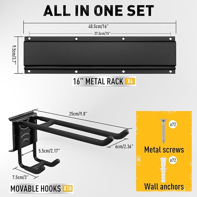 ELEAD 96 Inches Garage Storage, Garage Organization, Garden Tool Organizer Wall Mount, 18 Adjustable Heavy Duty Metal Hooks, Holds Up to 1460 lbs, Yard Tool Organizer for Garden, Yard, and Shed
