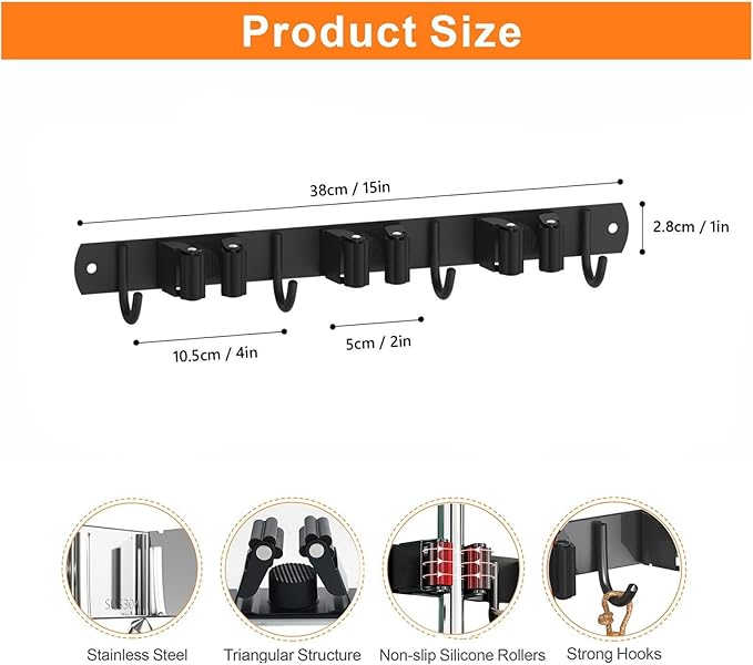 2 Pack Mop and Broom Holder Wall Mount, Non-slip Broom Hanger Wall Mount, Heavy Duty Mop Broom Organizer for Kitchen Garden Garage Laundry Room Wall Decor Organization and Storage Black 3R4H