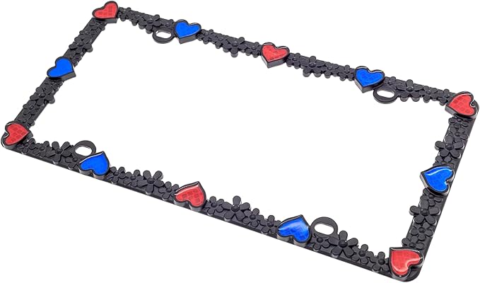Creathome 3D Daisy Heart License Plate Frame from Pure Zinc Alloy Metal Perfect Plate Holder, Matt Black Daisy with Red and Blue Reflective Heart