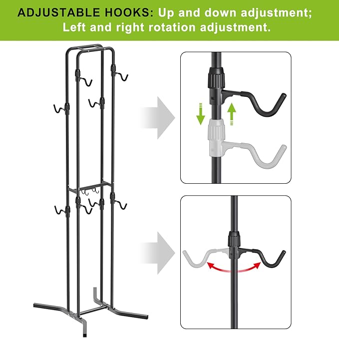 Dolibest 4-Legged Bike Racks Stands with Flexible Hooks, Heavy-Duty Floor Standing Bicycle Rack for Up to 4 Bikes, with 8 Adjustable Height and Angle Hooks, Easy to Install for Any Style Bicycle