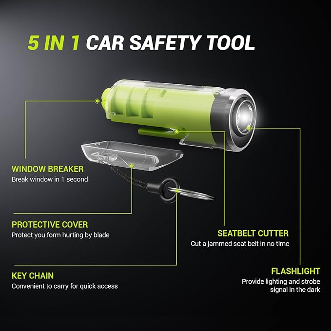 Window Breaker Seatbelt Cutter with Flashlight,2 in 1 Car Escape Tool Key Chain,Safe Hammer Glass Breaker Under Water,2 Pack Green