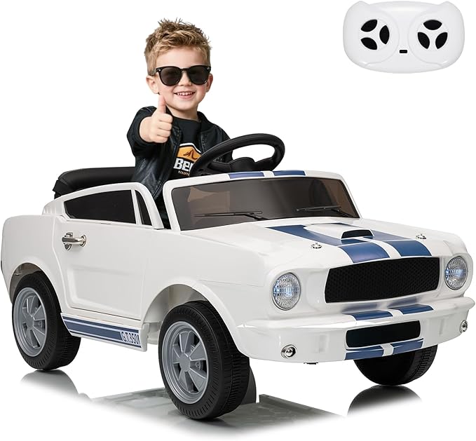 12V Ride on Car Licensed Shelby GT350, Battery Powered Ride On Toy for Toddlers with Remote Control, Electric Car for Kids, Bluetooth, Shock Absorbers, Safety Belt, 3 Speeds, LED Lights, Music, White