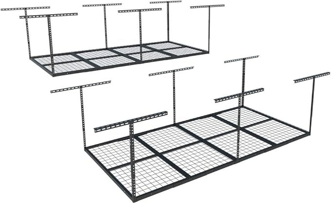 FLEXIMOUNTS 4x8 Overhead Garage Storage Rack, Adjustable Organization System, Heavy-Duty Metal Ceiling Racks, 2 pack, Black