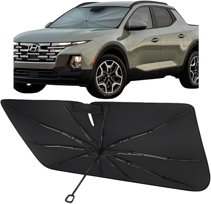 Proadsy Windshield Sun Shade Umbrella for Hyundai Santa Cruz 2022-2025 2026 Foldable Car Umbrella Sunshade with Soft TPU Handle Spring Structure Crystal Cooling Material Protect Car from Rays & Heat