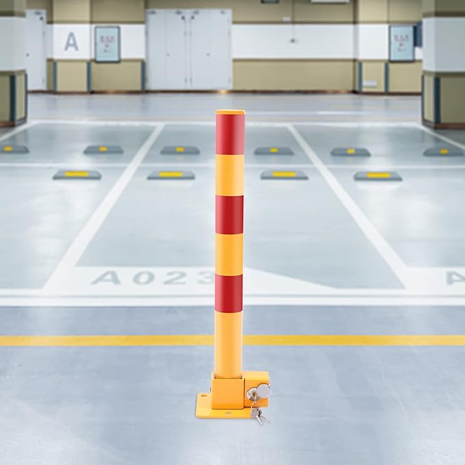 23In Q195 Iron Pipe Safety Bollard Yellow & Red Parking Barrier, Automatic Locking Folding Metal Post with Warning Stripes for Lots, Storefronts, Entrances