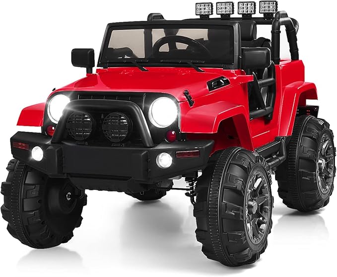Costzon Ride On Car, 12V Battery Powered Electric Ride On Truck w/Parental Remote Control, LED Lights, Double Open Doors, Safety Belt, Music, MP3 Player, Spring Suspension (Red)