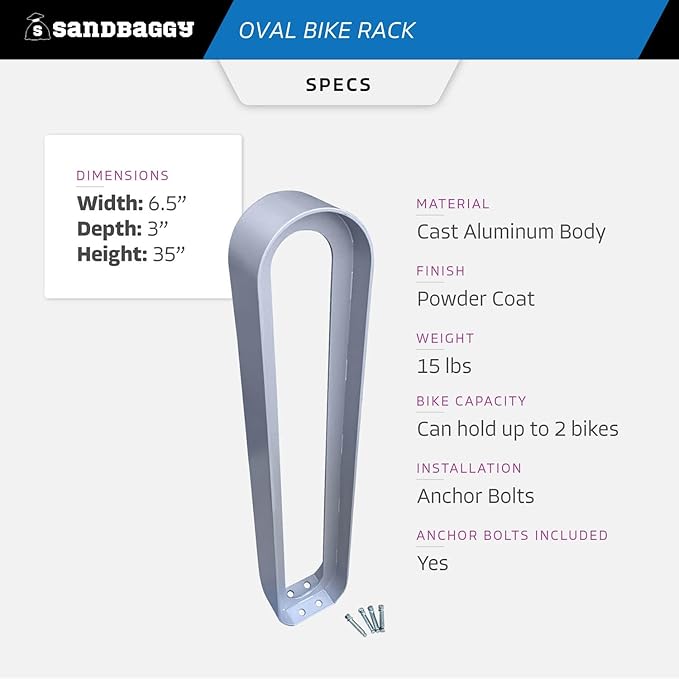 Sandbaggy Modern Commercial Bike Rack | 6.5” x 3” x 35” Oval Design | In-Ground | Anchor Bolts Included (Black, 2)