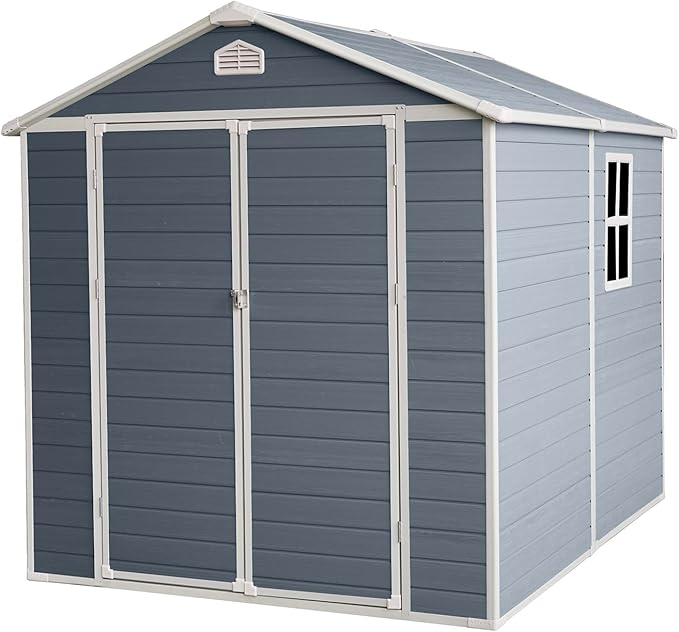 6x8 FT Outdoor Storage Shed, Resin Garden Shed with Thick Floor, Plastic Storage Shed with Window, Waterproof Outside Tool Shed with Lockable Hinged Doors for Backyard, Patio, Lawn, Light Gray
