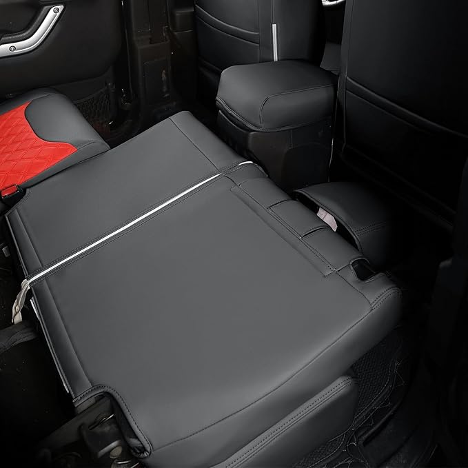GIANT PANDA Customized Full Set Car Seat Covers for Jeep Wrangler 4 Door JK Sahara Sport Rubicon Unlimited Willys Wheeler Altitude 2013 2014 2015 2016 2017, Faux Leather - (Black+Red)