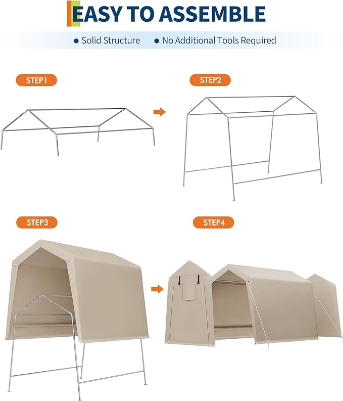 6x8 Ft Carport Heavy Duty Tent with Roll-Up Windows, Portable Garage with Removable Sidewalls & Doors, Car Canopy All-Season Tarp for Car Boat Truck Motorcycle, Khaki