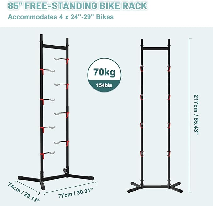 Urban Deco 2-4 Bike Storage Rack Garage Max154lbs, Freestanding Indoor Bike Rack with Adjustable Hooks, Vertical Bike Floor Stand for Road, Mountain and Hybrid Bike, Black