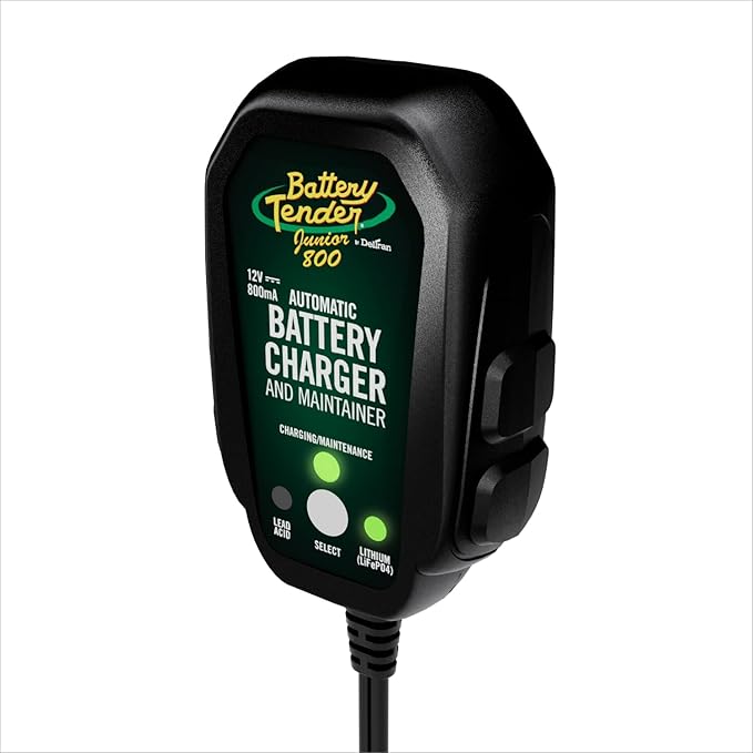 Battery Tender Junior 12V, 800mA Battery Charger and Maintainer for Lead Acid and Lithium Batteries - Switchable Battery Charger for Powersports - 022-0199-DL-WH