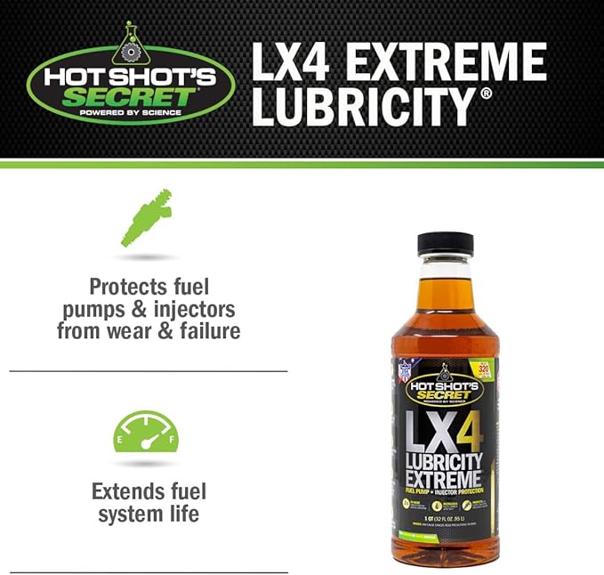 Hot Shot's Secret LX4 Lubricity Extreme – 32 Fl Oz - Fuel System Protection – Lubricates and Protects Fuel Pump and Injectors – Prevents Wear and Damage – For Gasoline or Diesel Engines
