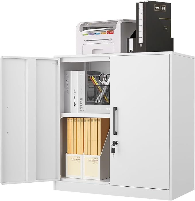 LUCYPAL Locking Storage Cabinets,Metal Cabinet with Adjustable Shelves and 2 Doors,Steel Counter Cabinet with Lockable Doors for Home Office (White)