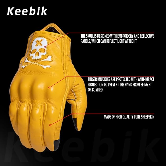 Goatskin Leather Motorcycle Motorbike Powersports Racing Gloves Reflective Skull Touchscreen for Men and Women Model