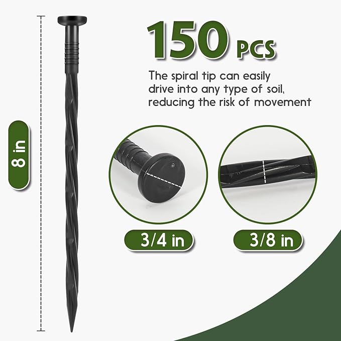 Landscape Edging Stakes, 150 Pcs 8" Plastic Garden Spikes, Spiral Nylon Anchoring Spikes for Paver Edging, Weed Barriers, Artificial Turf, Tent, Grass Pathway and More, Black