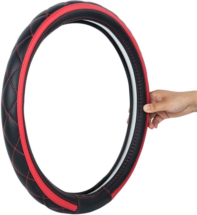 CAR PASS Sporty Quilting Leather Universal Fit Steering Wheel Cover,Fit for Suvs,Vans,Sedans,Trucks for 14.7" to 15" (Black & Red)