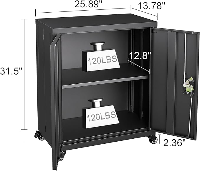 GREATMEET Garage Cabinets with Wheels, Black Garage Storage Cabinets with Doors and Adjustable Shelves，Rolling Lockable Metal Garage Storage Cabinets for Home Office Utility Room