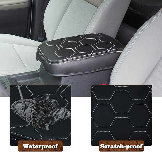 Muslogy for Frontier Center Console Pad Armrest Box Cover Vegan Leather Soft Accessories Armrest Lid Protector Compatible with Nissan Frontier 2022-2024 2025 (Regular Thick, V1 White Stitching)