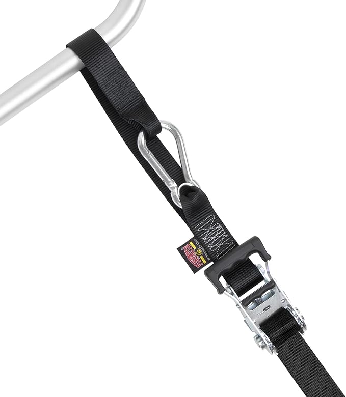 PowerTye - Made in USA - Extra Long Ratchet Tie Down Straps, Heavy Duty with Carabiner Hooks, Soft-Tye & Bag, for Motorcycle, ATV & Cargo, 1,000 lb WLL, 1.5 inch x 10ft Long, Black/Black (Pair)