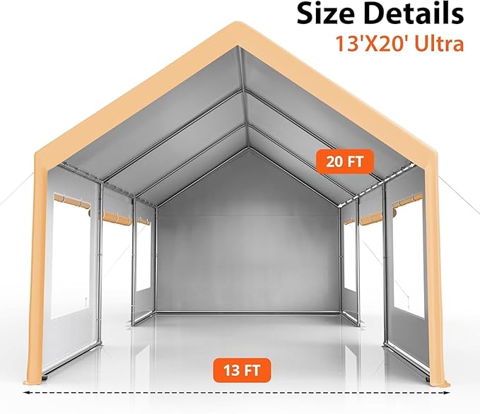 13x20 FT Heavy Duty Carport, Oversized Portable Garage with 4 Doors & 4 Windows, Reinforced Frame, All Weather Protection Outdoor Shelter Canopy for Cars, Boats, Trucks, BBQ and Outdoor Gatherings