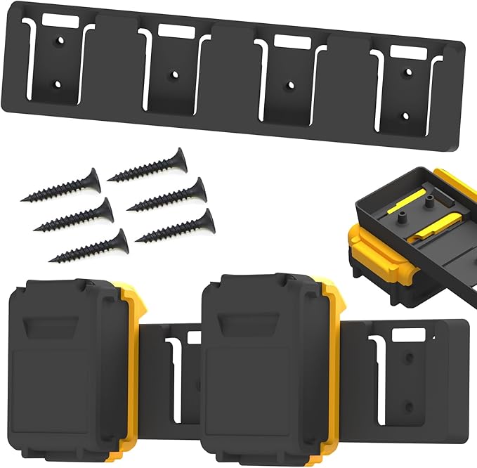 Battery Rack Compatible with DeWalt 20V Battery Holder, Mount 4 Slot Bulk Battery Garage Tool, Tools for Dewallt 20v, Wall Display Hook Holder (Black 1pc)