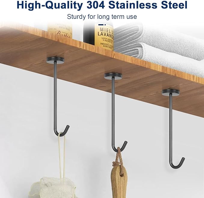 NearMoon Coat Hooks, Wall Hooks for Hanging Hat Hurse Robe, 304 Stainless Steel Heavy Duty Towel Hangers for Bathroom Livingroom Kitchen-Ceiling Hook, 6 Pack (8 Inch, Matte Black)