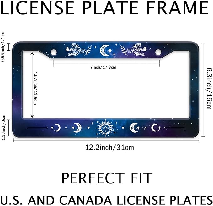 Starry Sun Moon License Plate Frame, Night Sky Moon Phase License Plate Holder Cover, Metal Aluminum Rustproof Car Accessories for Us Canada Standard Women Men 2 Holes with Screw Caps