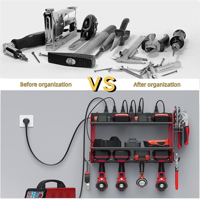 Power Tool Storage Rack, Garage Wall Mount Tool Rack, 4 Drill Bit Holders with Hooks, Screwdriver, Drill Bit Heavy Duty Holder, Tool Battery Holder, Built-in 8-Outlet Power Strip