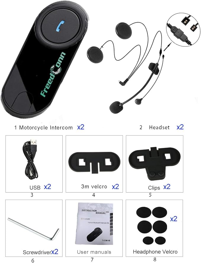 FreedConn Motorcycle Bluetooth Headset, TCOM VB 2-Way 800M Helmet Communication Systems,Motorbike Bluetooth Intercom, intercomunicador para motos/FM/BT5.0/Siri/2 in 1 Mic for full/3/4 Helmet(2Pack)