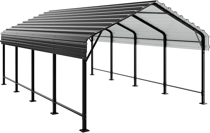 JAMFLY Carport, 12X15 FT Metal Carport, Heavy Duty Carport Canopy with Galvanized Steel Roof and Frame, Metal Car Garage Upgraded Extra Large Garage for Pickup, Boat, Car and Tractors