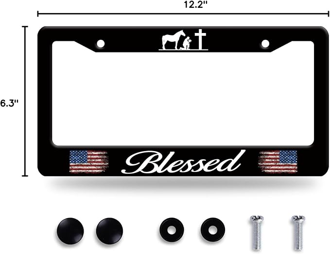 Blessed American Flag License Plate Frame Cross Pray for US License Plate Frames Stainless Steel Accessories Cars Decor with 2 Holes and Screws Fits Standard US CA Vehicles Size 12.2 x 6 Inches