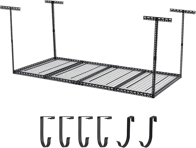 Overhead Garage Storage Rack 4x6 FT, Steel Ceiling Shelves 330lb Capacity, Height Adjustable 22-40 Inches, Space-Saving for Attic Basement Shed (Black, 4 Posts)