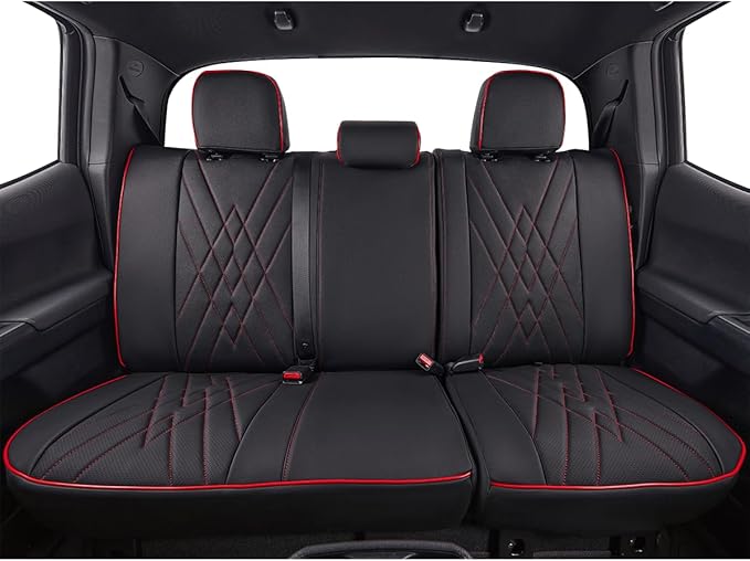 EKR Custom Fit Tacoma Rear Car Seat Covers for Select Toyota Tacoma 2016 2017 2018 2019 2020 2021 2022 2023 Access Cab - Second Row Only,Leather (Black with Red Trim)