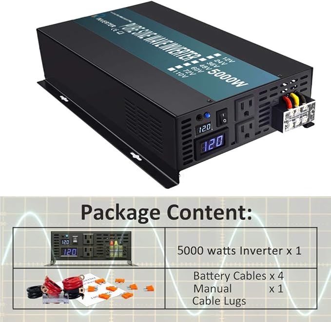 WZRELB 5000W High Efficiency Solar Power Inverter Off Grid 12V DC Voltage Converter Pure Sine Wave Dual 120V AC Outlets