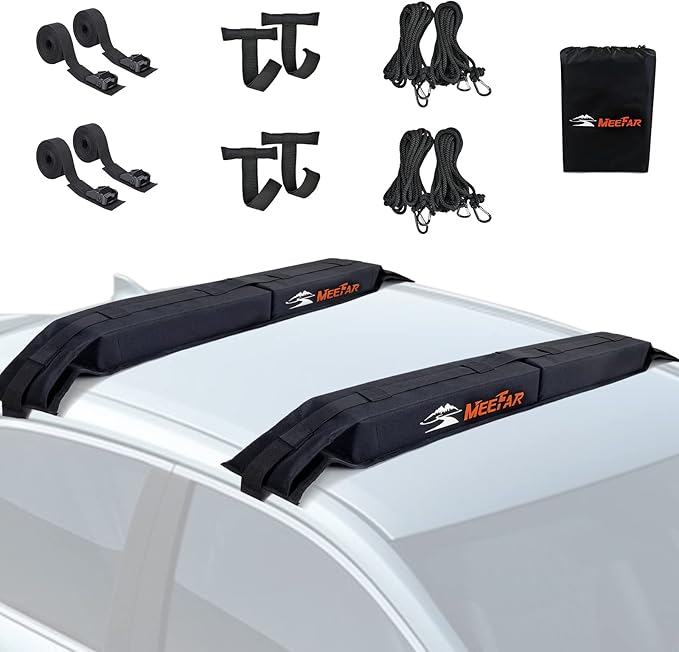 MeeFar Universal Car Soft Roof Rack Pads Luggage Carrier System for Kayak Surfboard SUP Canoe Include 2 Heavy Duty Tie Down Straps, 4 Tie Down Rope, 4 Quick Loop Strap and Storage Bag