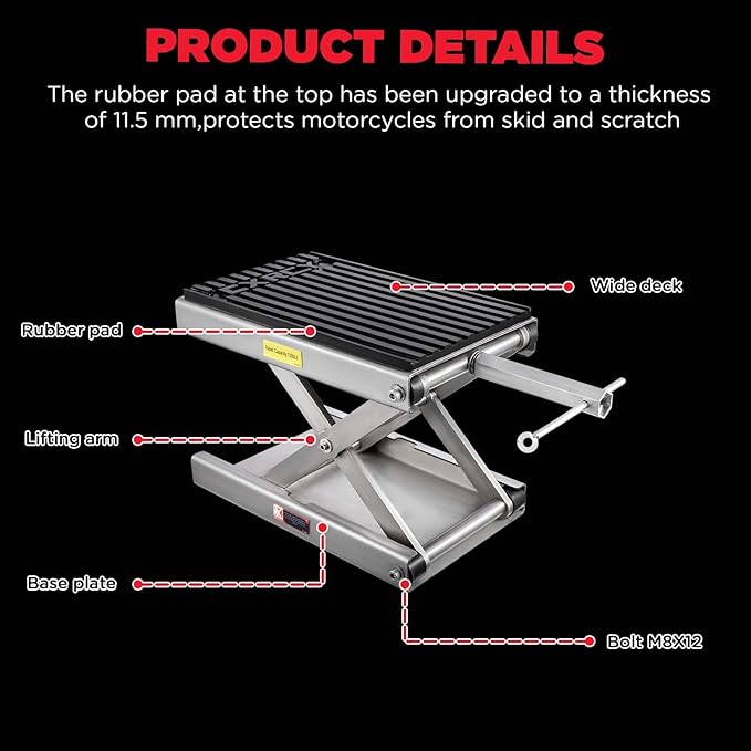 CXRCY 1200 LBS Motorcycle Lift Scissor Jack Stainless Steel Finish Upgraded Dirt Bike ATV Steel Motorcycle Hoist Stand with Ratchet Wrench,Crank Handle,Thickened Rubber Pad,Wide Deck
