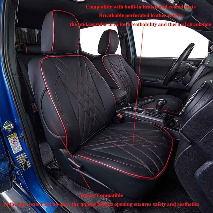 EKR Tacoma Front Car Seat Covers for Toyota Tacoma 2012 2013 2014 2015 (Regular Seats) Custom Leather Truck Seat Cover - Front Row Only, Leather (Black with Red Trim)