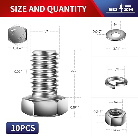 1/4-20 x 3/4" Hex Head Screw Bolt, Nuts, Flat & Lock Washers, 10Pcs 18-8 (304) Stainless Steel, Fully Threaded, by SG TZH