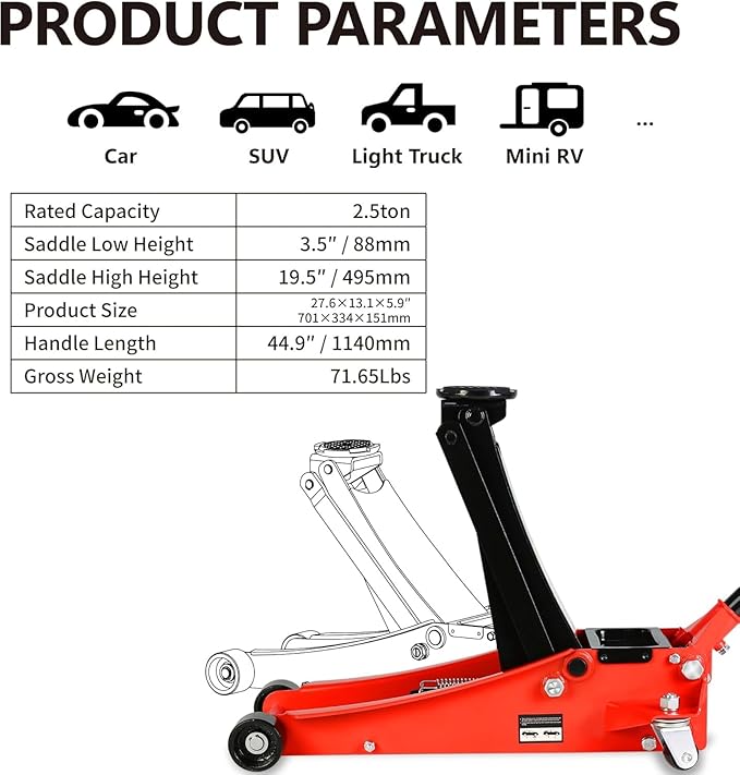 2.5 Ton Low Profile Floor Jack - Heavy Duty With Dual Piston Quick Lift Pump, Steel Car Jack Adjustable Height 3.5"-19.5", Hydraulic Trolley 5000 LBS Capacity, Red