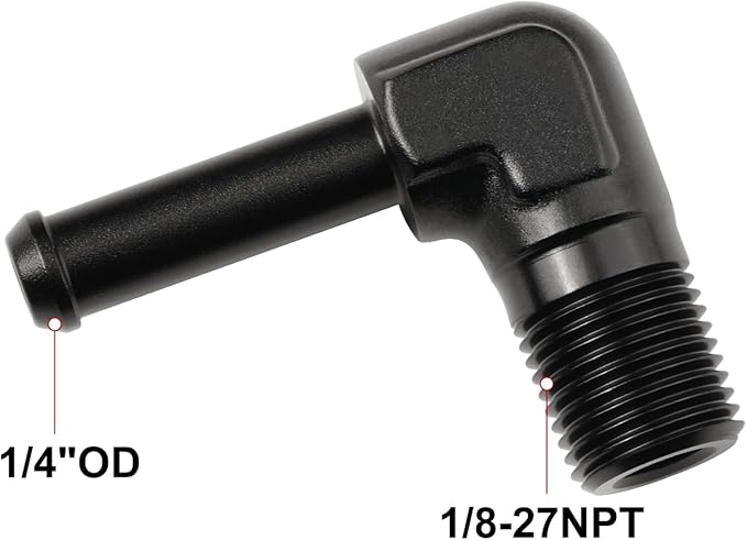 1/8 NPT Male to 1/4" Hose Barb Fitting Adapter 90 Degree Elbow Aluminum Black