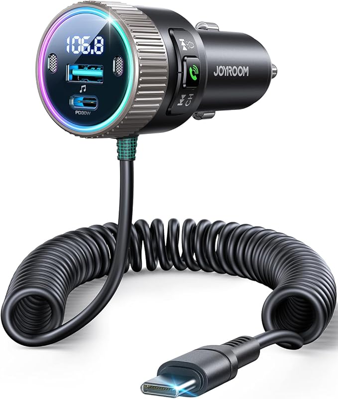 JOYROOM Bluetooth 5.4 FM Transmitter for Car, [60W PD 3.0] Bluetooth Car Adapter Fast Charging with USB C Cable, Cigarette Lighter Radio Music Adapter, Hands-Free Calling, Light Control, USB Drive