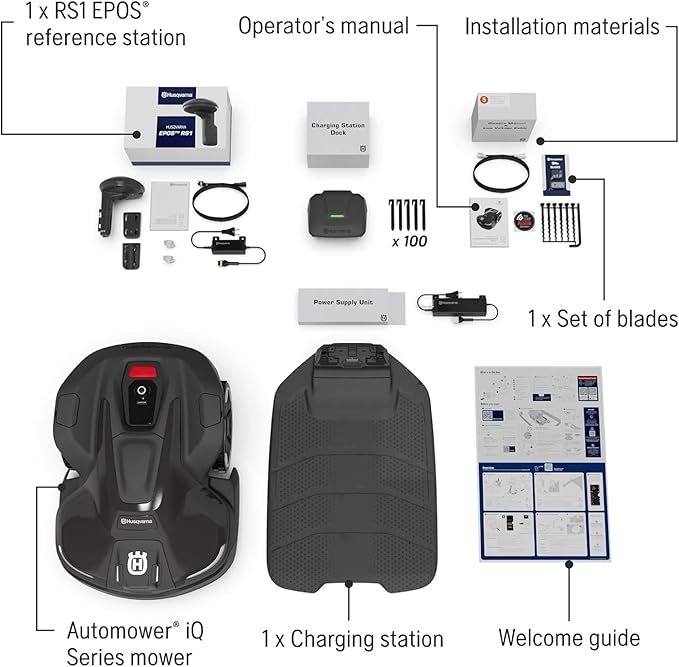 Husqvarna 410iQ Automower Robotic Mower, 0.5 Acre Mowing Capacity, Wire Free Robot Lawn Mower with Charging Station, RS1 EPOS Reference Station and Replacement Blades, 970727401