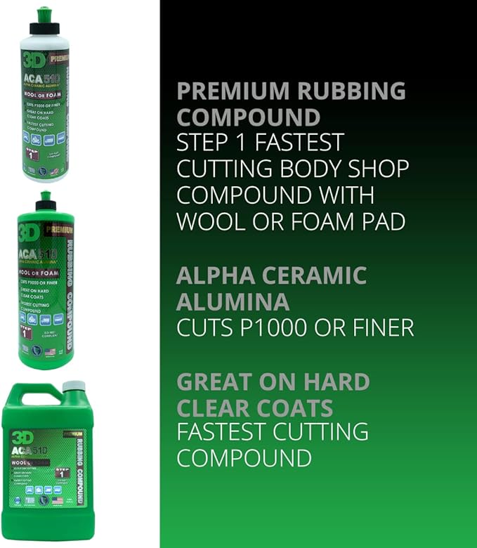 3D ACA 510 Rubbing Compound – Fast-Cutting Paint Correction Compound with Alpha Ceramic Alumina | Body Shop Safe, Low Dust, Silicone-Free, Made in USA - 32 oz
