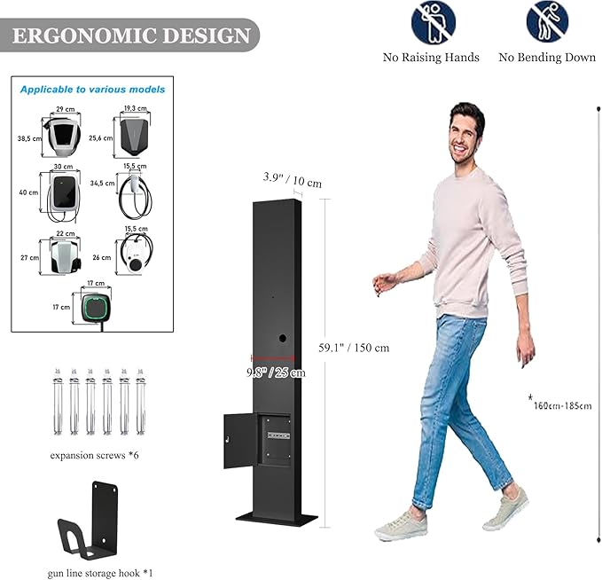 EV Charger Connector Pedestal Electric Vehicle Charging Stations, Stainless Steel, Combination Lock, Charging Pillar Charging Lever Charging Column for Charging Station Garage