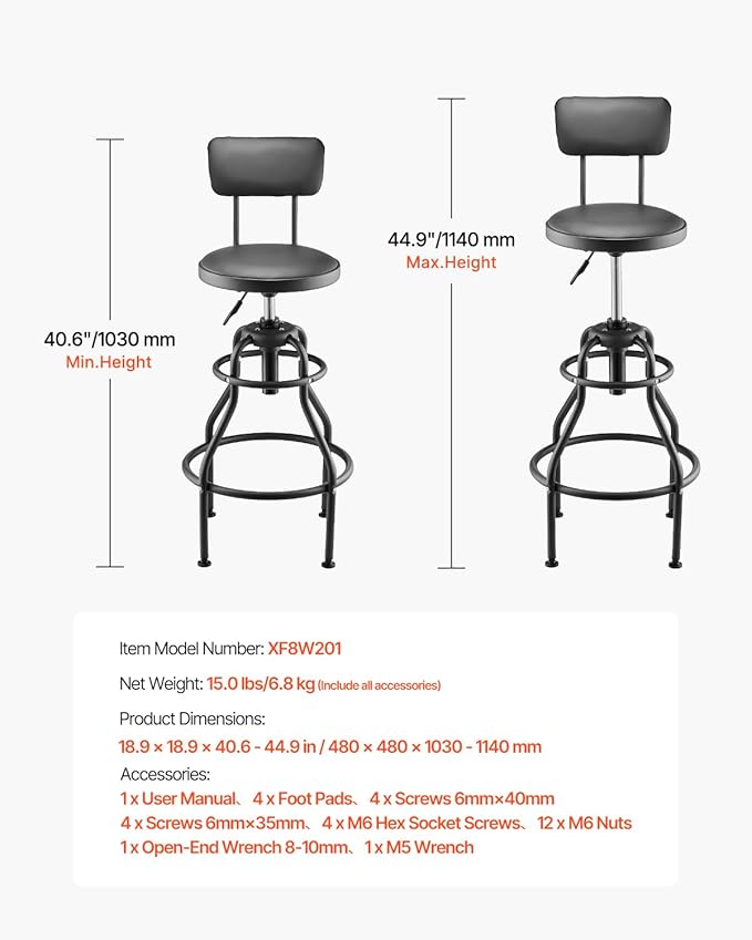 VEVOR Shop Stool with Backrest, Pneumatic Garage Seat/Work Stool with 300 lbs Capacity, Adjustable Height Roller Creeper Seat, 360° Swivel Padded Workshop Stool, for Garage, Shop & Auto Repair, Black